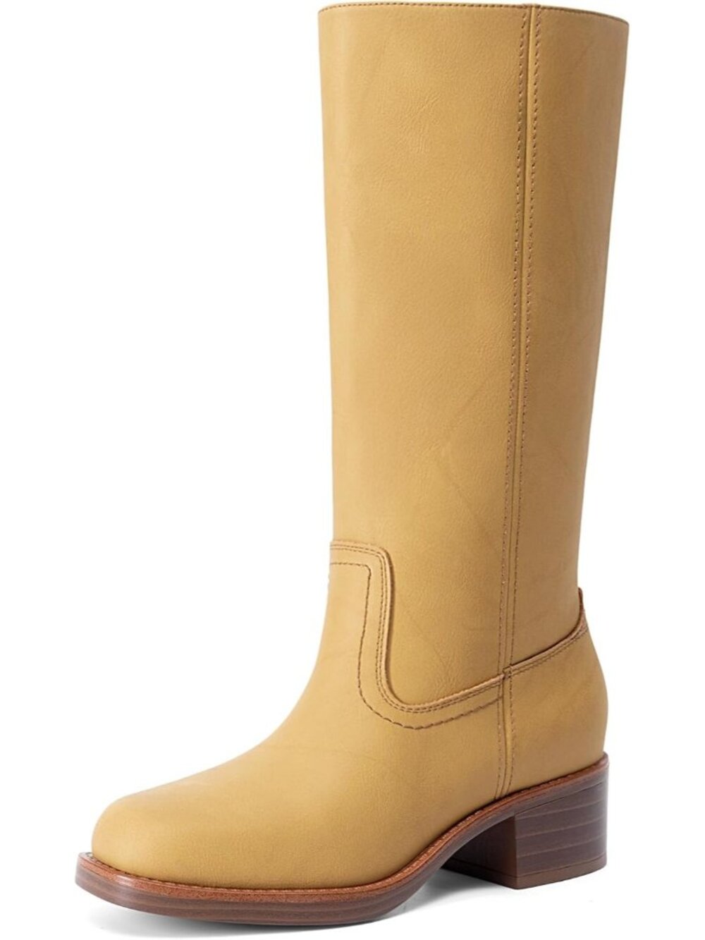 Women's Yellow Knee High Square Toe Mid Calf Boots Retro Western Block Heel Boot